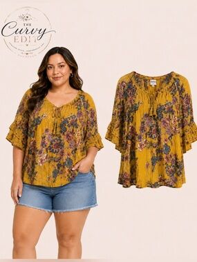 Boho Bila Lightweight Mustard Yellow Floral Peasant Top XXL
